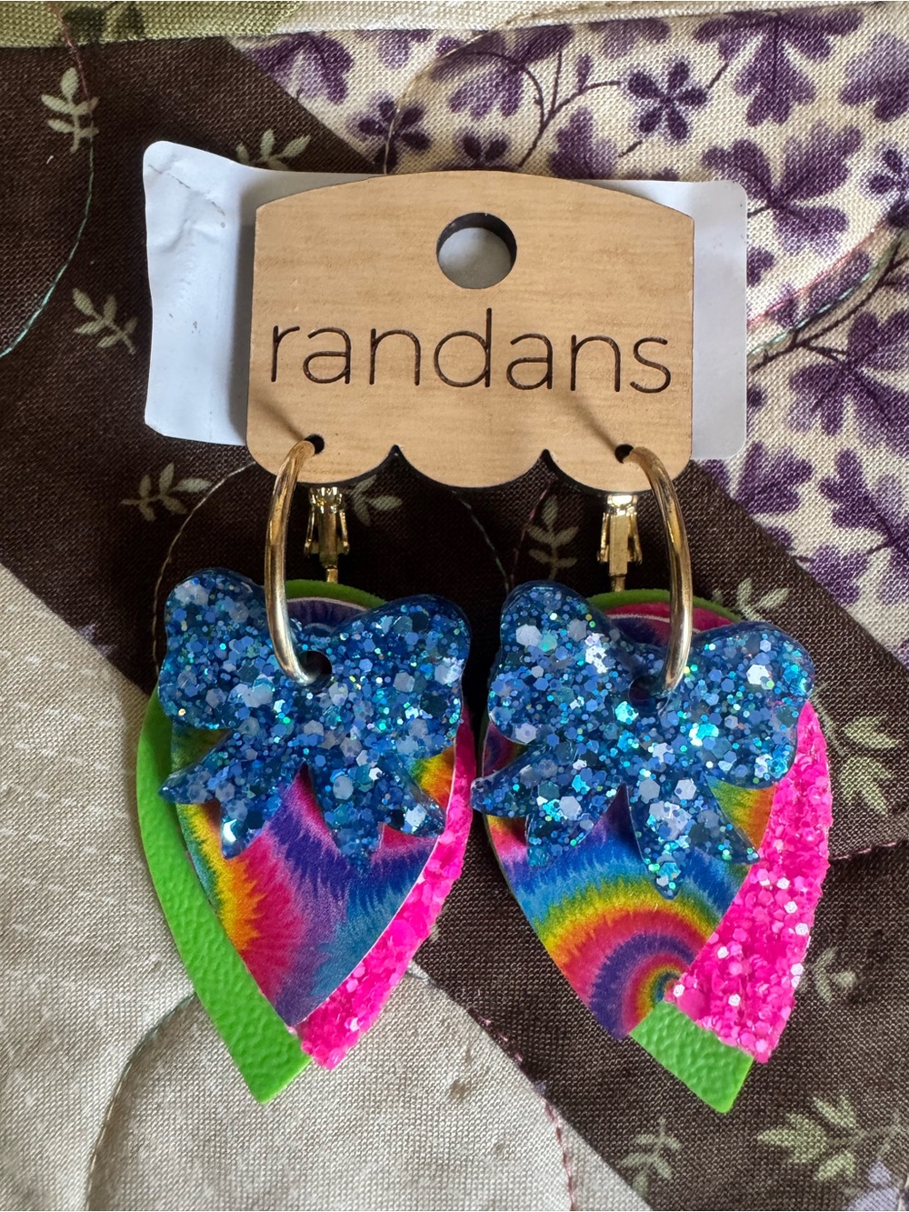 Rainbow Bow Dangle Earrings - Blue Glitter